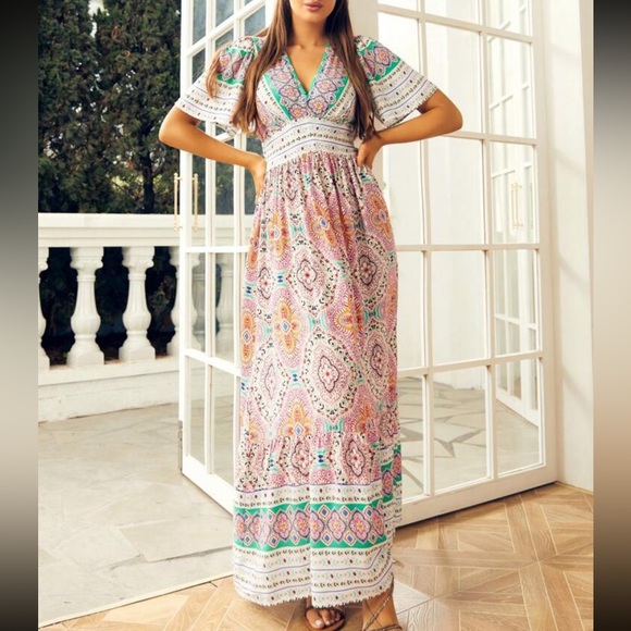 Boho Paisley Floral Print Maxi Dress - Picture 5 of 6